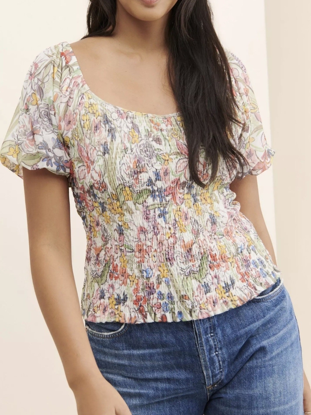 Anthropologie Aurelia Floral Smocked Top - Pink, Yellow, Green, Blue - NWT - L